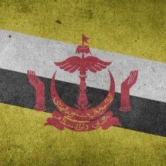 Flaga Brunei z godłem w kolorze czerwonym, na tle ukośnych pasów: żółtego, białego i czarnego.