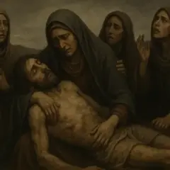 Smutny lament świętokrzyski epoka. Matka tuląca martwe ciało syna, otoczona opłakującymi kobietami.