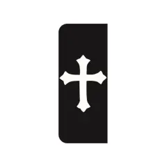 Czarny prostokąt z białym, stylizowanym krzyżem pośrodku. Symbol przypomina flagę krzyżacką.