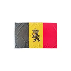 Flaga Belgii: trzy pionowe pasy: czarny, żółty z czarnym lwem w koronie, czerwony.