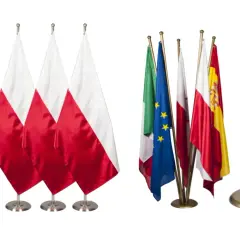 Zestaw flag narodowych i Unii Europejskiej, w tym polski proporzec, prezentowany na białym tle.