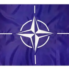 Flaga NATO: granatowe tło, biała czteroramienna gwiazda z okręgiem i czterema białymi liniami.