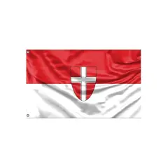 Flaga Wiednia: czerwono-białe pasy z herbem w centrum.