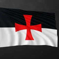 Flaga templariuszy: czarno-biała z czerwonym krzyżem. Symbolizuje historię i dziedzictwo rycerzy.