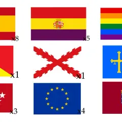 Flaga Madrytu z siedmioma białymi gwiazdami na czerwonym tle, obok flag Hiszpanii, tęczy, Sycylii, Burgundii, Asturii, UE i innych.