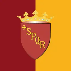 Flaga Rzymu: czerwono-żółte pasy, herb z koroną i napisem SPQR.