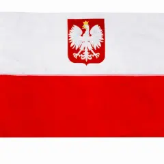 Flaga Polski z białym orłem w koronie na czerwonym tle, na drewnianym kiju.