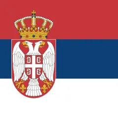 Flaga Serbii: czerwony, niebieski i biały pasy z dwugłowym orłem i koroną.