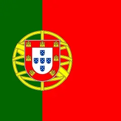 Flaga Portugalii: zielony i czerwony pas pionowy, z tarczą herbową z zamkami i tarczkami z pięcioma niebieskimi tarczkami.