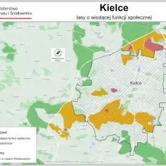 Mapa przedstawia Kielce i okolice, pokazując lasy o wiodącej funkcji społecznej. Kielce to miasto w województwie świętokrzyskim.
