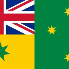 Flaga Australii i Nowej Zelandii. Po lewej flaga Australii z gwiazdą Wspólnoty i flagą Wielkiej Brytanii. Po prawej zielona flaga Nowej Zelandii z Gwiazdą Południa.