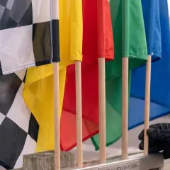 Flaga wyścigowa w kratkę obok kolorowych flag: żółtej, czerwonej, zielonej i niebieskiej. W tle widać tor wyścigowy i gokarta.
