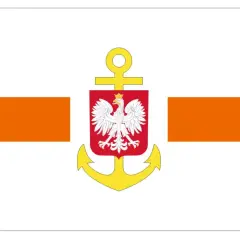Flaga na statku z orłem w koronie i kotwicą. Dwa pomarańczowe pasy po bokach.