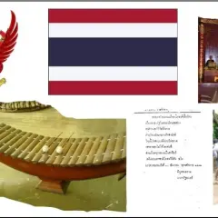 Flaga Tajlandii, symbol Garudy, słoń, tradycyjny instrument muzyczny i scena z tajskiego boksu.