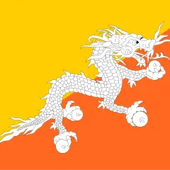 Flaga Bhutanu z białym smokiem na tle żółto-pomarańczowym. Smok symbolizuje potęgę i czystość.