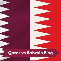 Dwie flagi: Kataru (biało-bordowa) i Bahrajnu (biało-czerwona), z napisem "Qatar vs Bahrain Flag".
