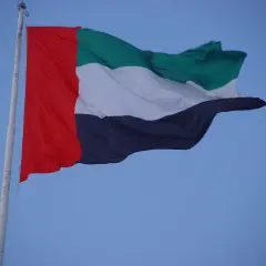 Flaga Zjednoczonych Emiratów Arabskich, znana również jako flaga Dubaju, powiewa na maszcie na tle błękitnego nieba.