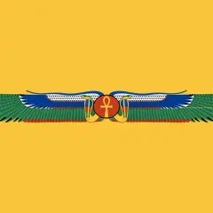 Symboliczne skrzydła z ankh pośrodku na żółtym tle, nawiązujące do starożytnego Egiptu. Flaga Egiptu w historycznej odsłonie.