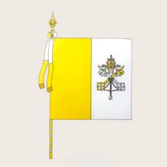 Flaga Watykanu z kluczami św. Piotra i tiarą papieską. Wskazuje kolejność wieszania flag kościelnych.