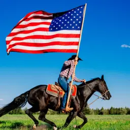 Jeździec w kapeluszu galopuje na czarnym koniu, niosąc pierwszą flagę USA na tle błękitnego nieba.