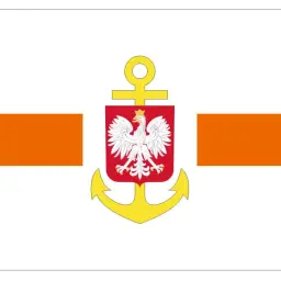 Flaga na statku z orłem w koronie i kotwicą. Dwa pomarańczowe pasy po bokach.