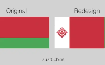 Porównanie oryginalnej i przeprojektowanej flagi Białorusi. Nowa flaga Białorusi z centralnym symbolem.