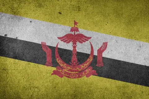 Flaga Brunei z godłem w kolorze czerwonym, na tle ukośnych pasów: żółtego, białego i czarnego.
