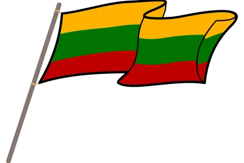 Flaga Litwy powiewa na maszcie. Trzy poziome pasy: żółty, zielony i czerwony.