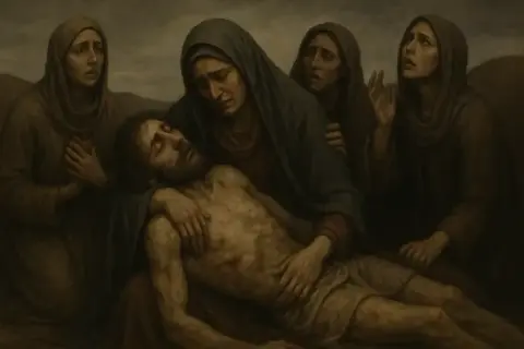 Smutny lament świętokrzyski epoka. Matka tuląca martwe ciało syna, otoczona opłakującymi kobietami.