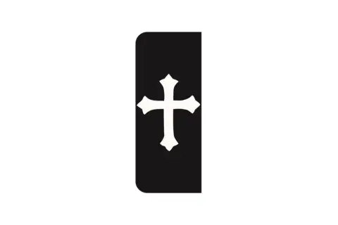 Czarny prostokąt z białym, stylizowanym krzyżem pośrodku. Symbol przypomina flagę krzyżacką.