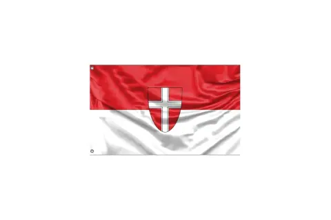 Flaga Wiednia: czerwono-białe pasy z herbem w centrum.