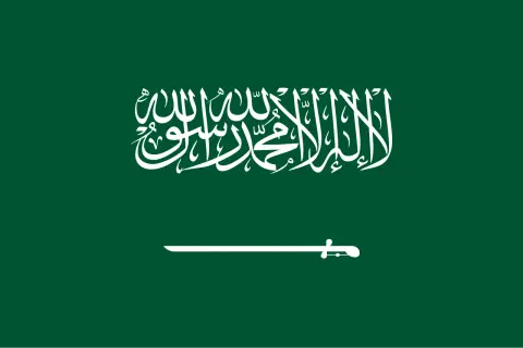 Flaga Arabii Saudyjskiej: zielone tło, biały napis w kaligrafii arabskiej i biały miecz.