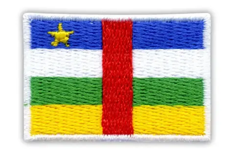 Naszywka z flagą Republiki Środkowoafrykańskiej. Jej kolory afryki - niebieski, biały, zielony, żółty i czerwony - symbolizują dumę, pokój, nadzieję, bogactwo i poświęcenie.