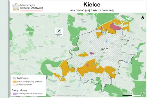 Mapa przedstawia Kielce i okolice, pokazując lasy o wiodącej funkcji społecznej. Kielce to miasto w województwie świętokrzyskim.
