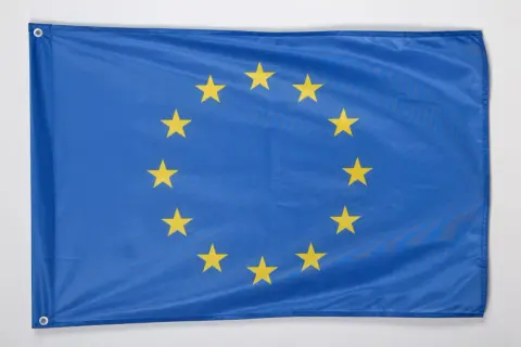 Flaga Unii Europejskiej z dwunastoma złotymi gwiazdami na niebieskim tle.