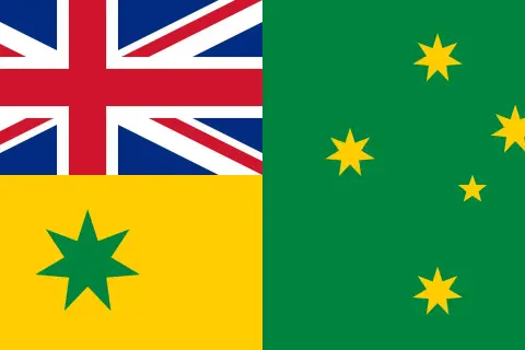 Flaga Australii i Nowej Zelandii. Po lewej flaga Australii z gwiazdą Wspólnoty i flagą Wielkiej Brytanii. Po prawej zielona flaga Nowej Zelandii z Gwiazdą Południa.