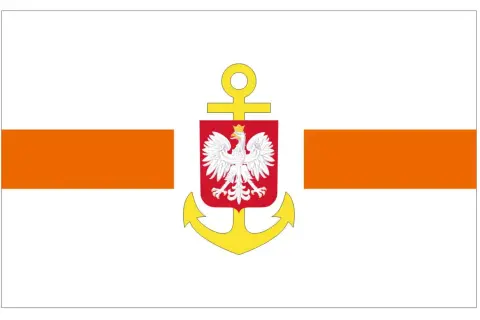 Flaga na statku z orłem w koronie i kotwicą. Dwa pomarańczowe pasy po bokach.