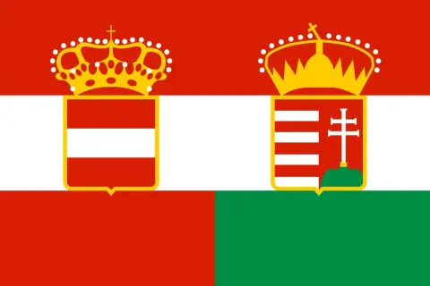 Flaga Austro-Węgier, symbolizująca historyczne powiązania z Budapesztem. Dwie korony i tarcze herbowe na czerwono-biało-zielonym tle.