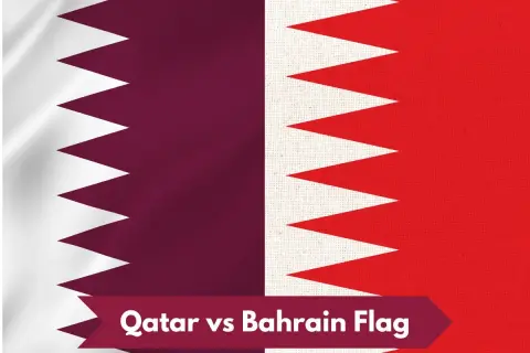 Dwie flagi: Kataru (biało-bordowa) i Bahrajnu (biało-czerwona), z napisem "Qatar vs Bahrain Flag".