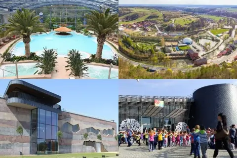 Kolaż zdjęć: basen pod dachem, widok z lotu ptaka na park, nowoczesny budynek, grupa dzieci przed budynkiem.