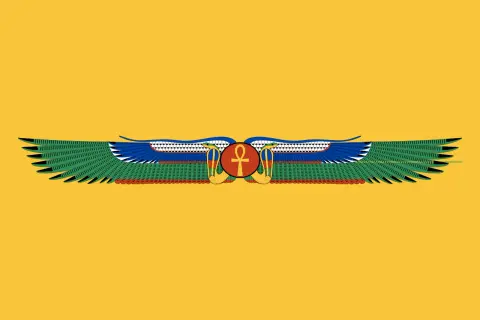 Symboliczne skrzydła z ankh pośrodku na żółtym tle, nawiązujące do starożytnego Egiptu. Flaga Egiptu w historycznej odsłonie.