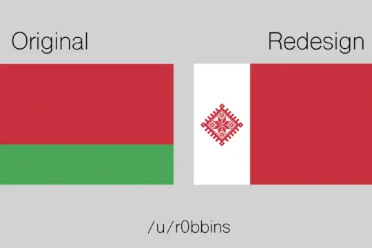 Porównanie oryginalnej i przeprojektowanej flagi Białorusi. Nowa flaga Białorusi z centralnym symbolem.