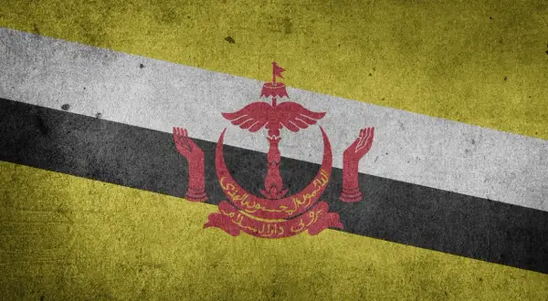 Flaga Brunei z godłem w kolorze czerwonym, na tle ukośnych pasów: żółtego, białego i czarnego.