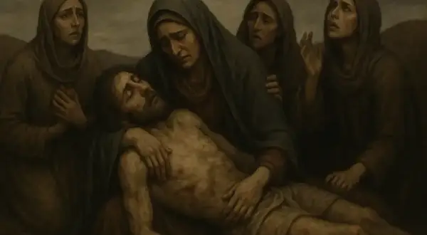 Smutny lament świętokrzyski epoka. Matka tuląca martwe ciało syna, otoczona opłakującymi kobietami.