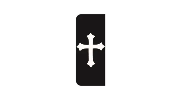 Czarny prostokąt z białym, stylizowanym krzyżem pośrodku. Symbol przypomina flagę krzyżacką.