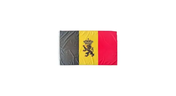 Flaga Belgii: trzy pionowe pasy: czarny, żółty z czarnym lwem w koronie, czerwony.