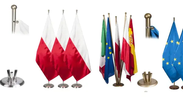 Zestaw flag narodowych i Unii Europejskiej, w tym polski proporzec, prezentowany na białym tle.