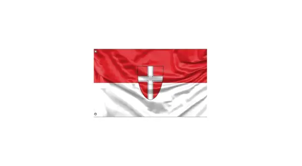 Flaga Wiednia: czerwono-białe pasy z herbem w centrum.