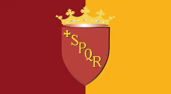 Flaga Rzymu: czerwono-żółte pasy, herb z koroną i napisem SPQR.
