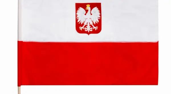 Flaga Polski z białym orłem w koronie na czerwonym tle, na drewnianym kiju.